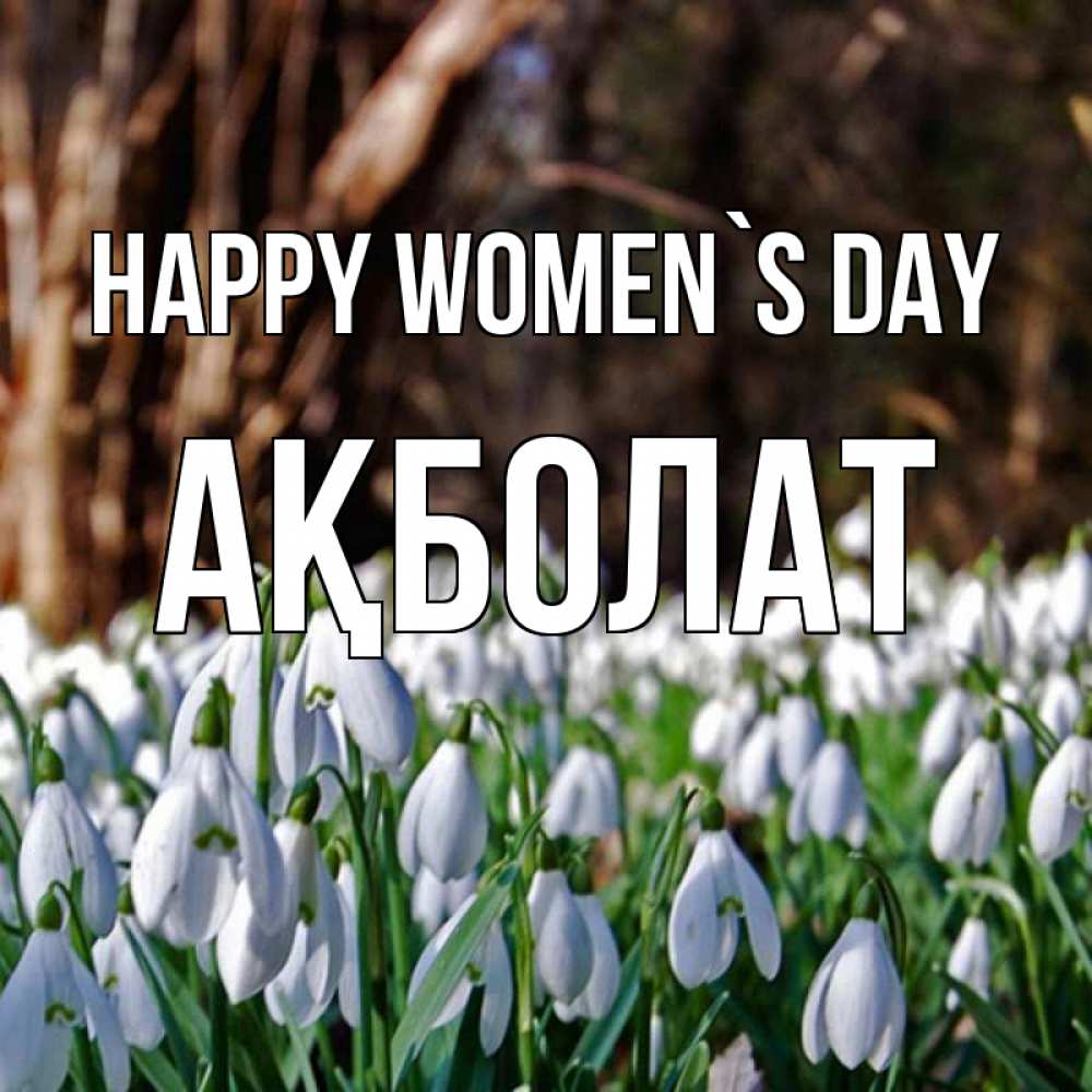 Greetings card с именем, Ақболат happy women`s day с подснежниками 1 Greetings with text for free download 